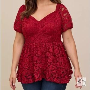 torrid Red Woven Lace Fabric Floral Short Puff Sleeve Retro Babydoll Top NWT 2X